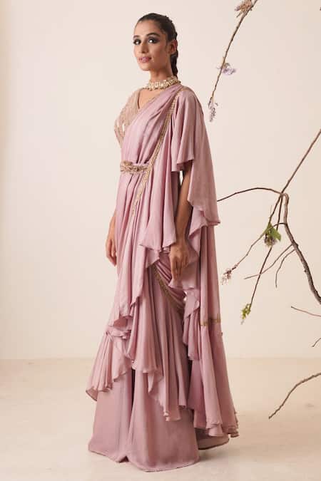 Shop Merge Design Pink Blouse Net, Lining Crepe, Saree Modal Satin Pre-draped Ruffle With Online at Aza Fashions Shop_Merge Design_Pink Blouse Net, Lining Crepe, Saree Modal Satin Pre-draped Ruffle With _Online_at_Aza_Fashions