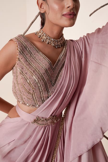 Merge Design Pink Blouse Net, Lining Crepe, Saree Modal Satin Pre-draped Ruffle With at Aza Fashions Merge Design_Pink Blouse Net, Lining Crepe, Saree Modal Satin Pre-draped Ruffle With _at_Aza_Fashions