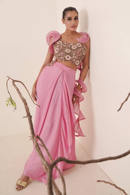 Buy Merge Design Pink Blouse Net, Dupatta Chiffon, Lining Draped Skirt And Structured Set Online at Aza Fashions Buy_Merge Design_Pink Blouse Net, Dupatta Chiffon, Lining Draped Skirt And Structured Set _Online_at_Aza_Fashions