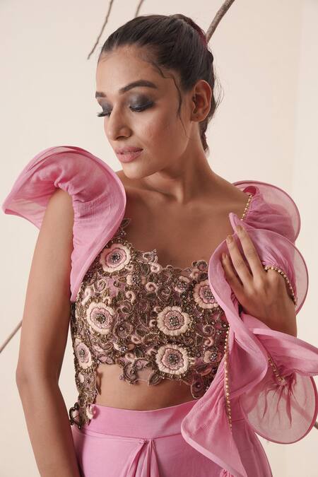 Shop Merge Design Pink Blouse Net, Dupatta Chiffon, Lining Draped Skirt And Structured Set Online at Aza Fashions Shop_Merge Design_Pink Blouse Net, Dupatta Chiffon, Lining Draped Skirt And Structured Set _Online_at_Aza_Fashions