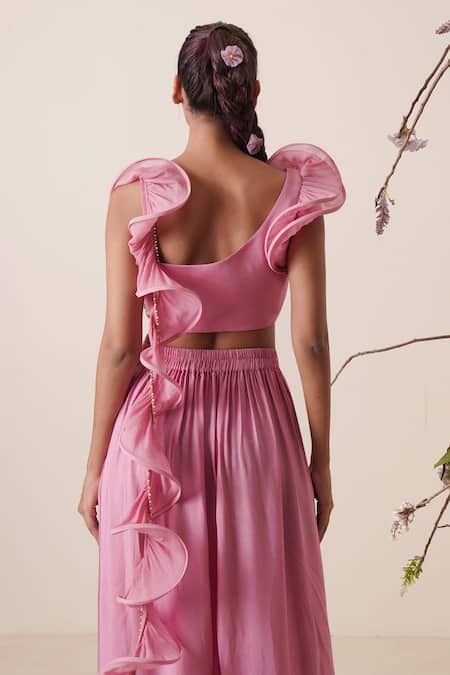 Merge Design Pink Blouse Net, Dupatta Chiffon, Lining Draped Skirt And Structured Set at Aza Fashions Merge Design_Pink Blouse Net, Dupatta Chiffon, Lining Draped Skirt And Structured Set _at_Aza_Fashions