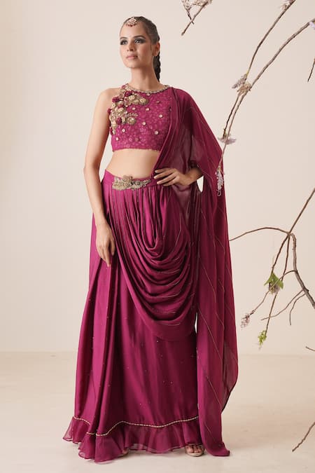 Buy Burgundy Embroidered Modal Top with Georgette Jacket and Dhoti