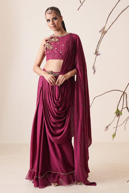 Shop_Merge Design_Wine Blouse Net, Inner Embroidered, Lining Crepe, Saree Pre-draped With_Online_at_Aza_Fashions