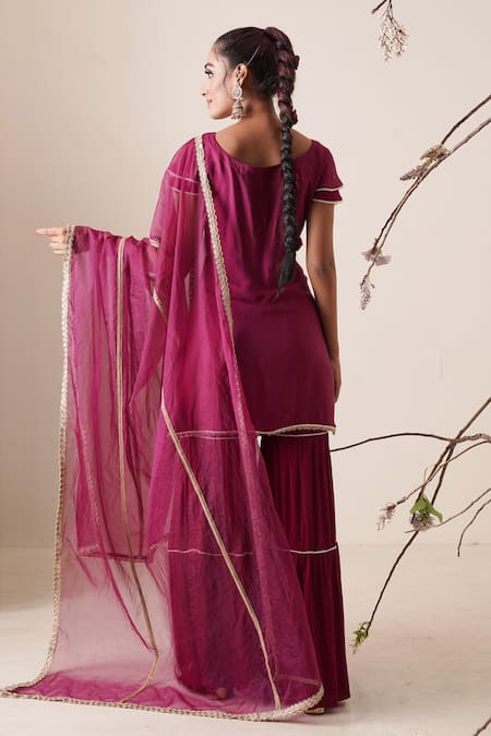 Shop_Merge Design_Wine Dupatta Organza, Pant Chiffon, Top Modal Embroidered Kurta Sharara Set _at_Aza_Fashions
