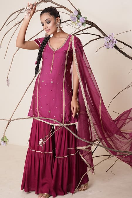 Merge Design_Wine Dupatta Organza, Pant Chiffon, Top Modal Embroidered Kurta Sharara Set _Online_at_Aza_Fashions