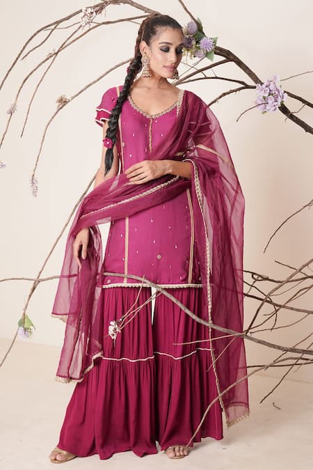 Buy_Merge Design_Wine Dupatta Organza, Pant Chiffon, Top Modal Embroidered Kurta Sharara Set _Online_at_Aza_Fashions