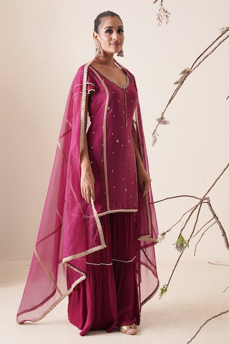 Shop_Merge Design_Wine Dupatta Organza, Pant Chiffon, Top Modal Embroidered Kurta Sharara Set _Online_at_Aza_Fashions
