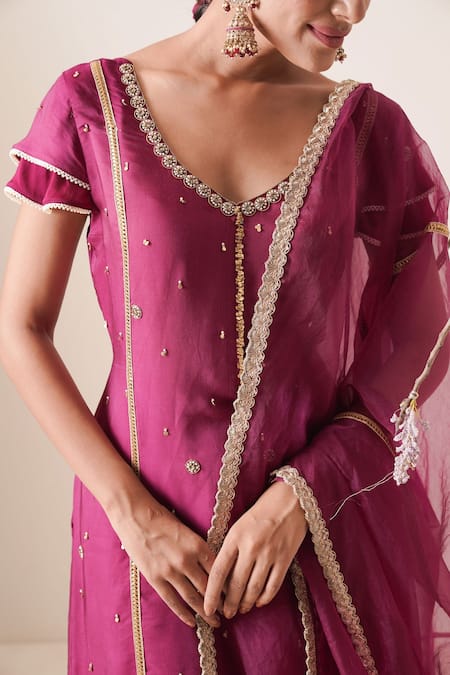 Merge Design_Wine Dupatta Organza, Pant Chiffon, Top Modal Embroidered Kurta Sharara Set _at_Aza_Fashions