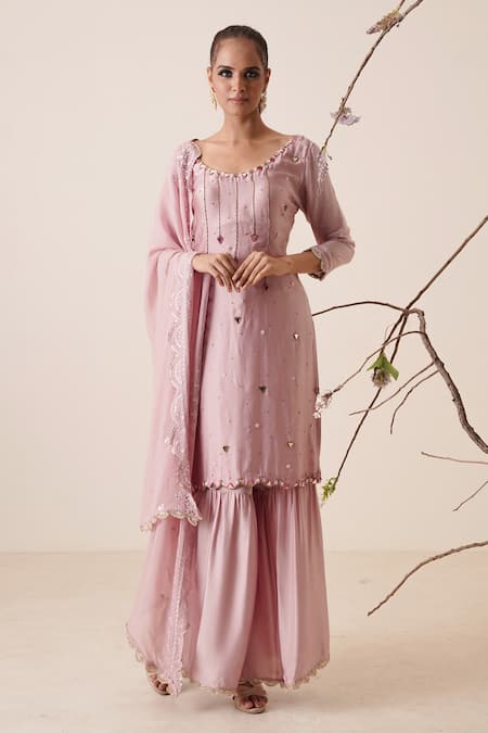 Merge Design Pink Top And Pant Modal Satin Embroidery Pearl Scoop Neck Kurta Gharara Set 