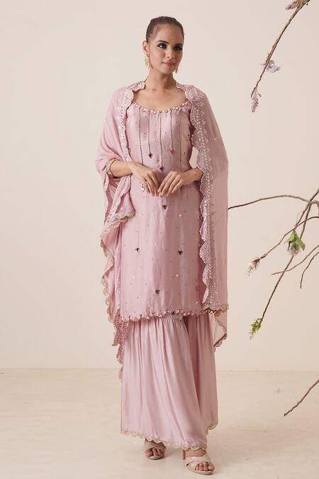 Merge Design_Pink Dupatta Organza, Lining Crepe, Top And Pant Embroidered Kurta Gharara Set_Online_at_Aza_Fashions