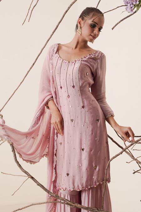 Buy_Merge Design_Pink Dupatta Organza, Lining Crepe, Top And Pant Embroidered Kurta Gharara Set_Online_at_Aza_Fashions