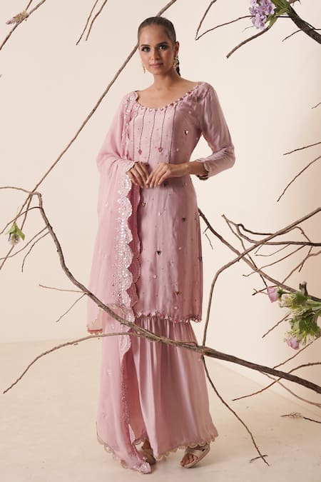 Shop_Merge Design_Pink Dupatta Organza, Lining Crepe, Top And Pant Embroidered Kurta Gharara Set_Online_at_Aza_Fashions
