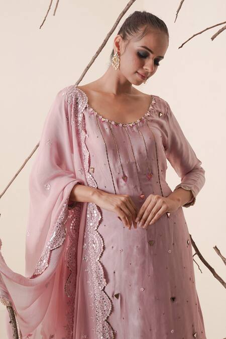 Merge Design_Pink Dupatta Organza, Lining Crepe, Top And Pant Embroidered Kurta Gharara Set_at_Aza_Fashions