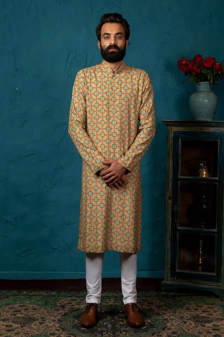 Shop_Nautanky_Green Cotton Silk Printed Kurta Set _Online_at_Aza_Fashions