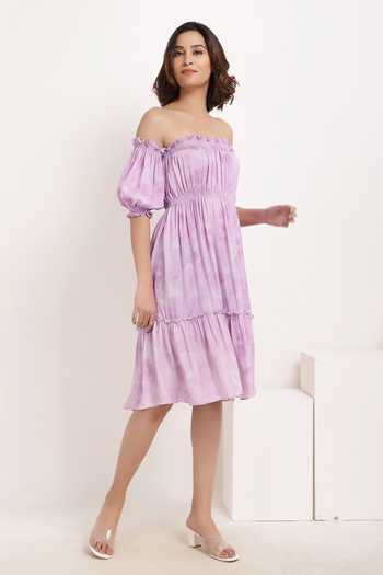 Ranng Label_Purple Viscose Georgette Printed Carmen Off Shoulder Dress_Online_at_Aza_Fashions