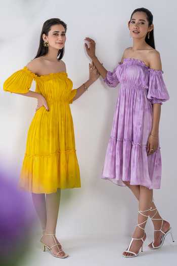 Buy_Ranng Label_Purple Viscose Georgette Printed Carmen Off Shoulder Dress_Online_at_Aza_Fashions