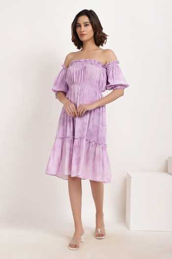 Shop_Ranng Label_Purple Viscose Georgette Printed Carmen Off Shoulder Dress_Online_at_Aza_Fashions