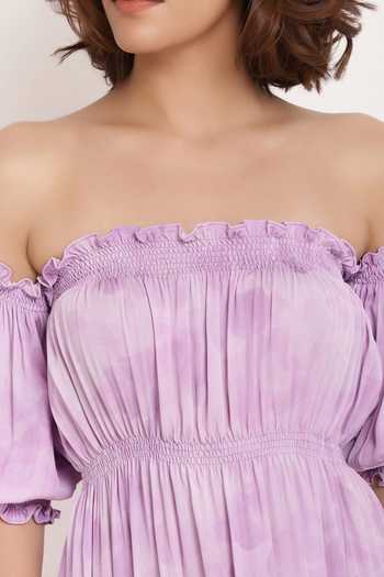 Ranng Label_Purple Viscose Georgette Printed Carmen Off Shoulder Dress_at_Aza_Fashions