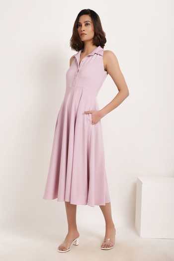 Shop_Ranng Label_Purple Luxury Crepe Shirt Collar Dress_Online_at_Aza_Fashions