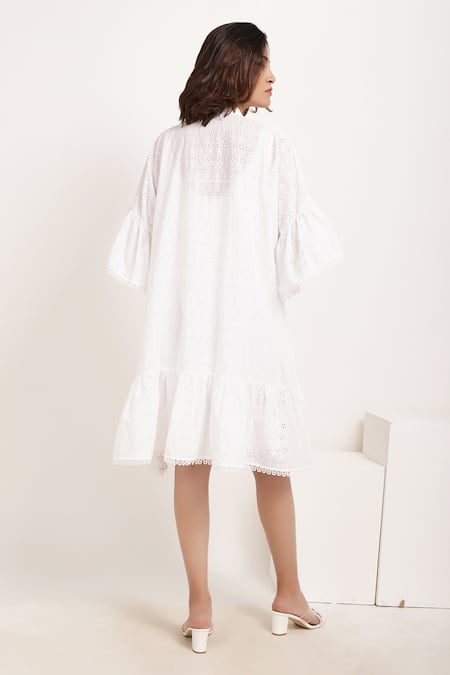 Shop Ranng Label White Cotton Schiffli Notched Layered Dress at Aza Fashions Shop_Ranng Label_White Cotton Schiffli Notched Layered Dress _at_Aza_Fashions