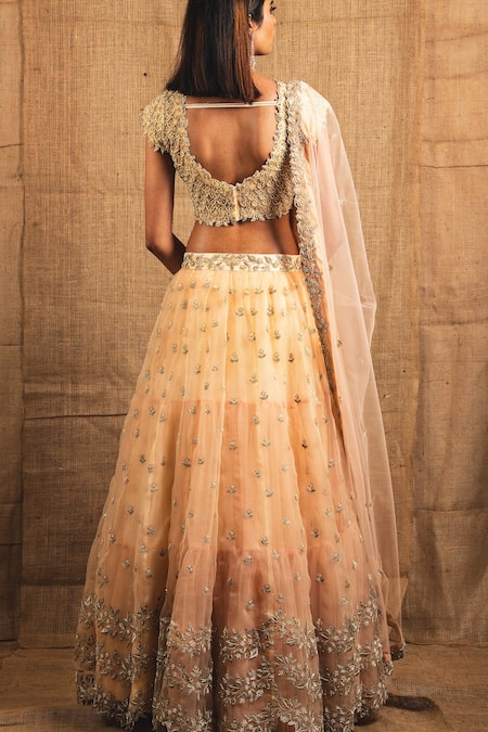 Shop Shloka Sudhakar Peach Organza, Net Scoop Neck Embroidered Lehenga Set at Aza Fashions Shop_Shloka Sudhakar_Peach Organza, Net Scoop Neck Embroidered Lehenga Set _at_Aza_Fashions