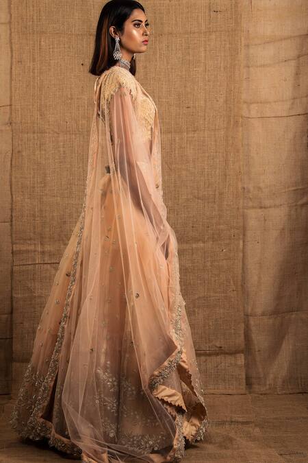 Shloka Sudhakar Peach Organza, Net Scoop Neck Embroidered Lehenga Set Online at Aza Fashions Shloka Sudhakar_Peach Organza, Net Scoop Neck Embroidered Lehenga Set _Online_at_Aza_Fashions