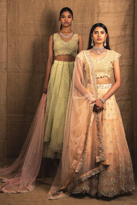 Buy Shloka Sudhakar Peach Organza, Net Scoop Neck Embroidered Lehenga Set Online at Aza Fashions Buy_Shloka Sudhakar_Peach Organza, Net Scoop Neck Embroidered Lehenga Set _Online_at_Aza_Fashions