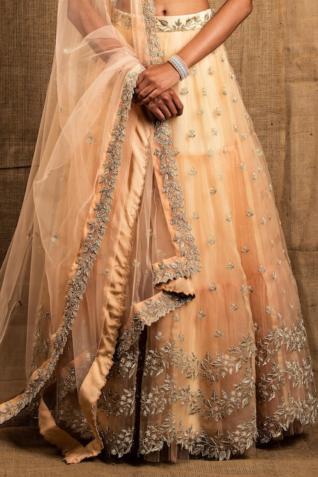 Shop Shloka Sudhakar Peach Organza, Net Scoop Neck Embroidered Lehenga Set Online at Aza Fashions Shop_Shloka Sudhakar_Peach Organza, Net Scoop Neck Embroidered Lehenga Set _Online_at_Aza_Fashions
