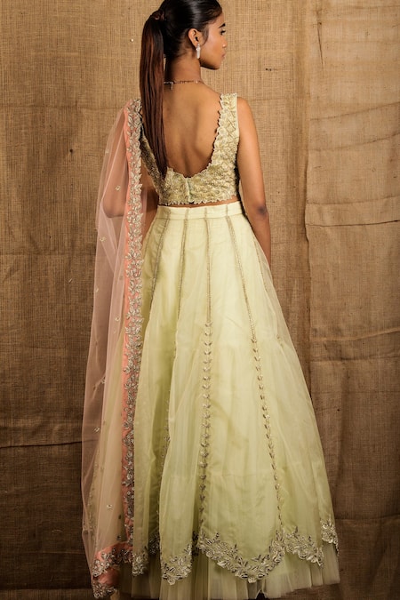 Shop_Shloka Sudhakar_Green Organza, Net V Neck Embroidered Lehenga Set _at_Aza_Fashions