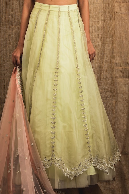 Shloka Sudhakar_Green Organza, Net V Neck Embroidered Lehenga Set _Online_at_Aza_Fashions