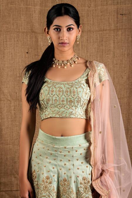 Shop Shloka Sudhakar Green Raw Silk, Net Scoop Neck Embroidered Lehenga Set Online at Aza Fashions Shop_Shloka Sudhakar_Green Raw Silk, Net Scoop Neck Embroidered Lehenga Set _Online_at_Aza_Fashions