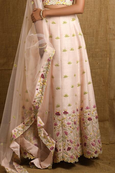 Shop_Shloka Sudhakar_Pink Raw Silk, Net Round Embroidered Lehenga Set _Online_at_Aza_Fashions