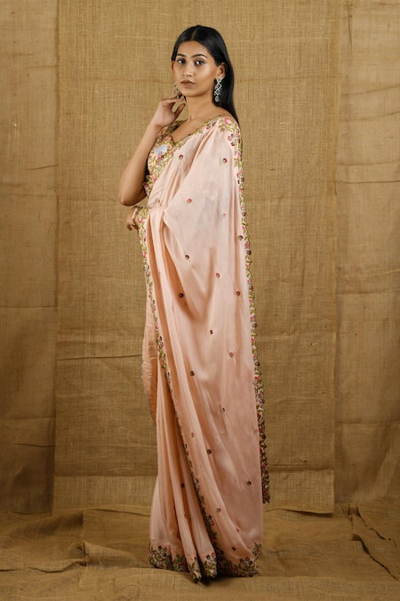 Buy_Shloka Sudhakar_Peach Raw Silk, Crepe Scoop Neck Embroidered Saree With Blouse _Online_at_Aza_Fashions