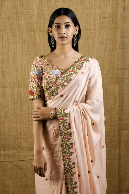 Shop_Shloka Sudhakar_Peach Raw Silk, Crepe Scoop Neck Embroidered Saree With Blouse _Online_at_Aza_Fashions