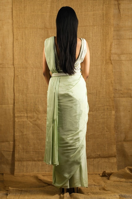 Shop Shloka Sudhakar Green Crepe Leaf Neck Saree With Embroidered Blouse at Aza Fashions Shop_Shloka Sudhakar_Green Crepe Leaf Neck Saree With Embroidered Blouse _at_Aza_Fashions