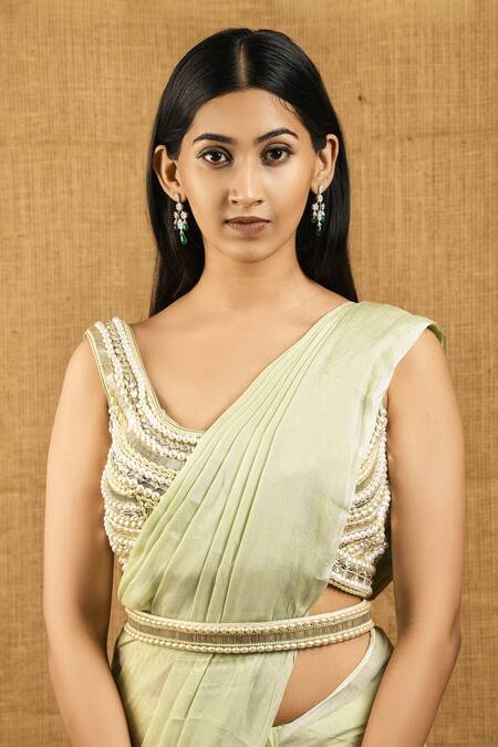 Shop Shloka Sudhakar Green Crepe Leaf Neck Saree With Embroidered Blouse Online at Aza Fashions Shop_Shloka Sudhakar_Green Crepe Leaf Neck Saree With Embroidered Blouse _Online_at_Aza_Fashions