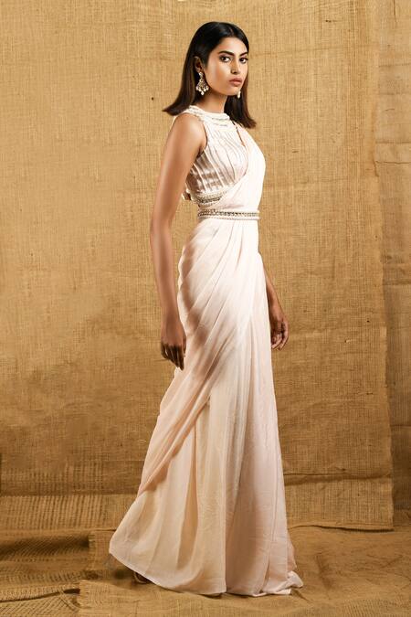 Shloka Sudhakar_Peach Crepe Round Saree With Embroidered Blouse_Online_at_Aza_Fashions