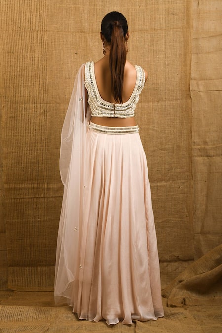 Shop Shloka Sudhakar Peach Crepe Scoop Neck Embellished Lehenga Set at Aza Fashions Shop_Shloka Sudhakar_Peach Crepe Scoop Neck Embellished Lehenga Set _at_Aza_Fashions