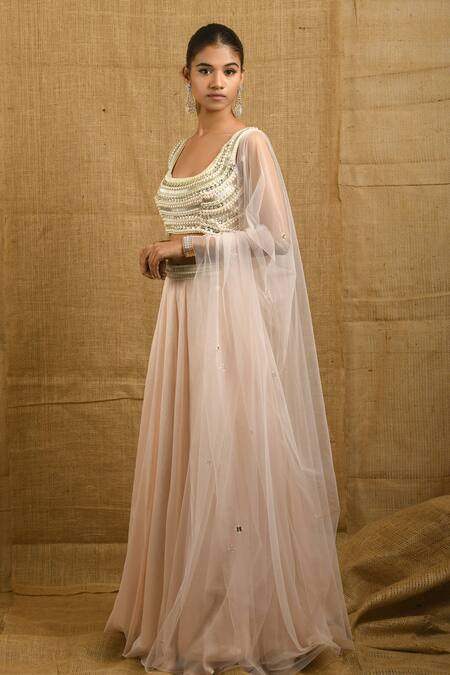 Buy Shloka Sudhakar Peach Crepe Scoop Neck Embellished Lehenga Set Online at Aza Fashions Buy_Shloka Sudhakar_Peach Crepe Scoop Neck Embellished Lehenga Set _Online_at_Aza_Fashions