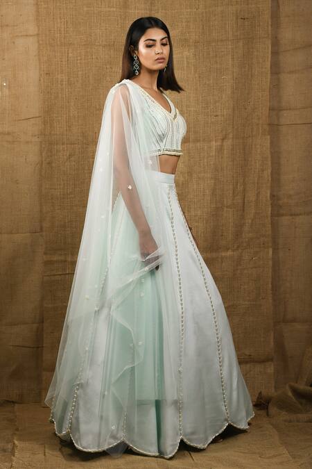 Shloka Sudhakar_Blue Crepe V Neck Embellished Lehenga Set _Online_at_Aza_Fashions