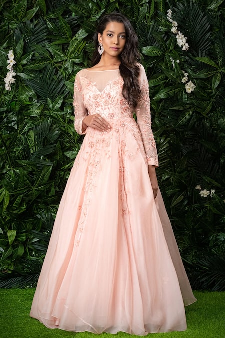Shop Mirroir Pink Silk Organza Embellished Boat Gown at Aza Fashions Shop_Mirroir_Pink Silk Organza Embellished Boat Gown _at_Aza_Fashions