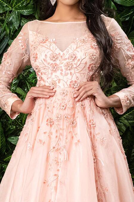 Buy Mirroir Pink Silk Organza Embellished Boat Gown Online at Aza Fashions Buy_Mirroir_Pink Silk Organza Embellished Boat Gown _Online_at_Aza_Fashions