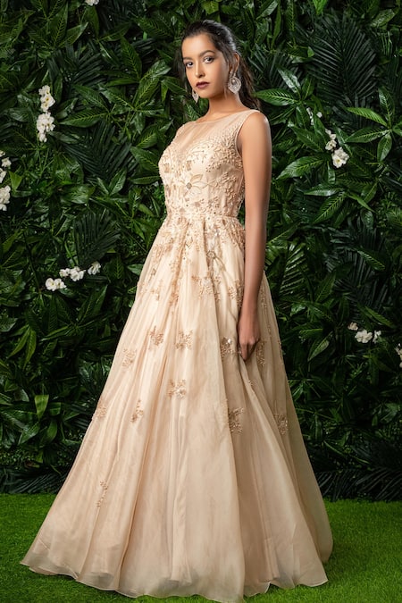 Shop Mirroir Beige Silk Organza Embellished Boat Gown at Aza Fashions Shop_Mirroir_Beige Silk Organza Embellished Boat Gown _at_Aza_Fashions