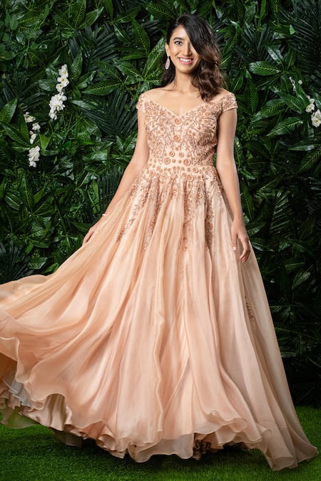 Shop Mirroir Peach Silk Organza Embellished Bead One Shoulder Gown at Aza Fashions Shop_Mirroir_Peach Silk Organza Embellished Bead One Shoulder Gown _at_Aza_Fashions