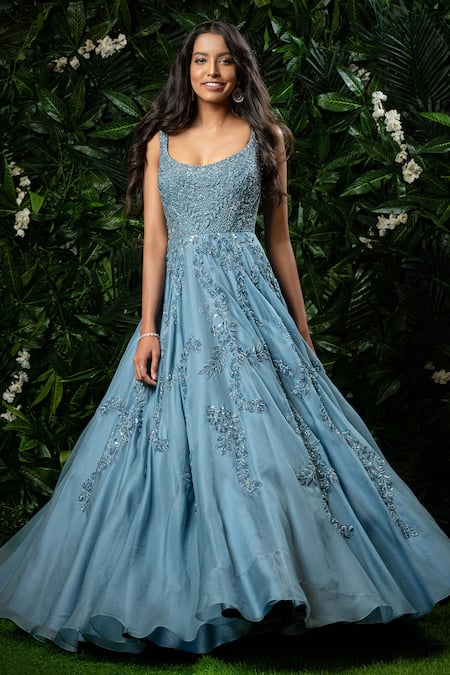 Mirroir Blue Silk Organza Embellished Scoop Neck Gown  