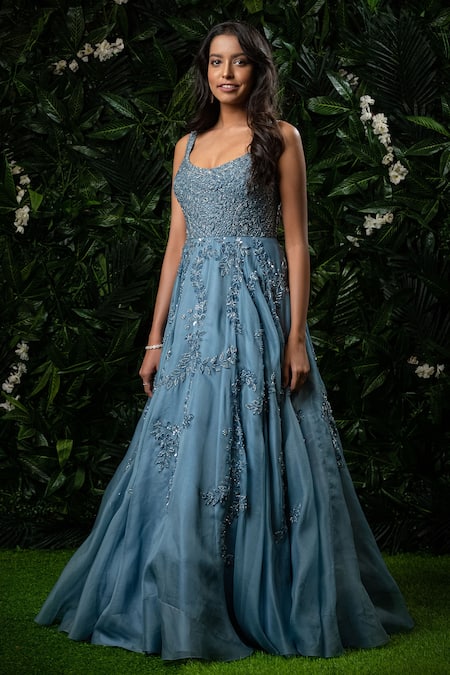 Mirroir_Blue Silk Organza Embellished Scoop Neck Gown  _Online_at_Aza_Fashions