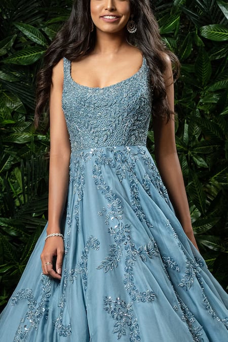 Buy_Mirroir_Blue Silk Organza Embellished Scoop Neck Gown  _Online_at_Aza_Fashions