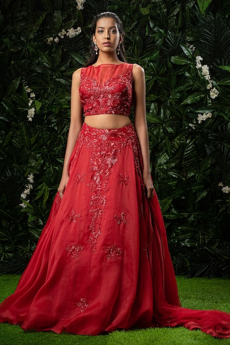 Mirroir Red Organza And Net High Embellished Lehenga Set 