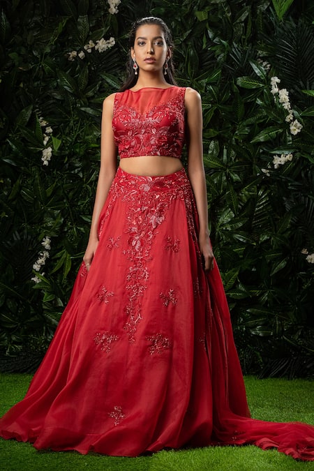 Shop Mirroir Red Organza And Net High Embellished Lehenga Set at Aza Fashions Shop_Mirroir_Red Organza And Net High Embellished Lehenga Set _at_Aza_Fashions