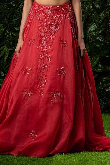 Shop Mirroir Red Organza And Net High Embellished Lehenga Set Online at Aza Fashions Shop_Mirroir_Red Organza And Net High Embellished Lehenga Set _Online_at_Aza_Fashions